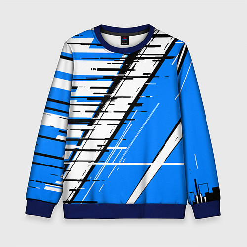 Детский свитшот Чёрно-белые глитч полосы на синем фоне / 3D-Синий – фото 1
