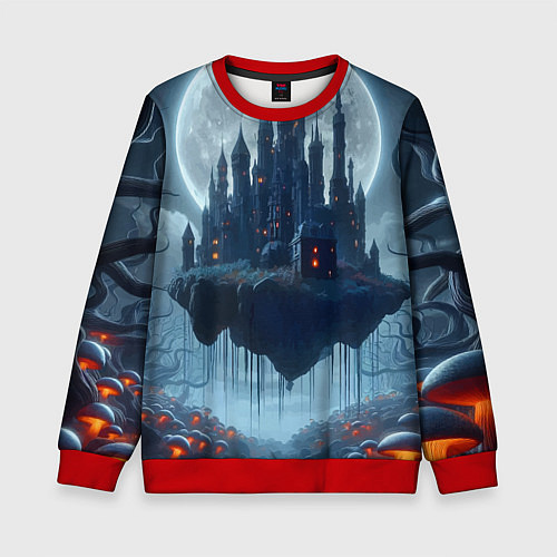 Детский свитшот Замок Дракулы и неоновые грибы - нейроарт фантазия / 3D-Красный – фото 1
