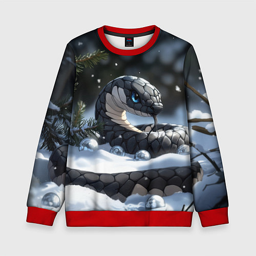 Детский свитшот Новогодняя черная змея с голубыми глазами / 3D-Красный – фото 1