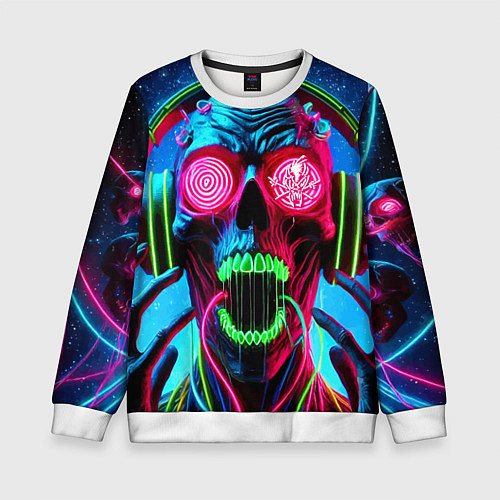 Детский свитшот Metallica - neon skull with headphones / 3D-Белый – фото 1