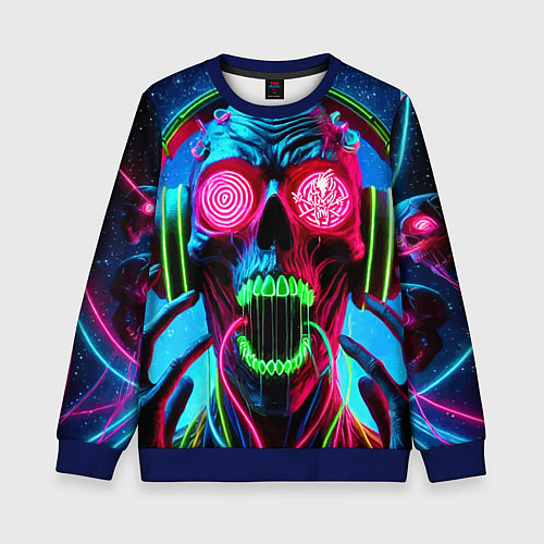 Детский свитшот Metallica - neon skull with headphones / 3D-Синий – фото 1