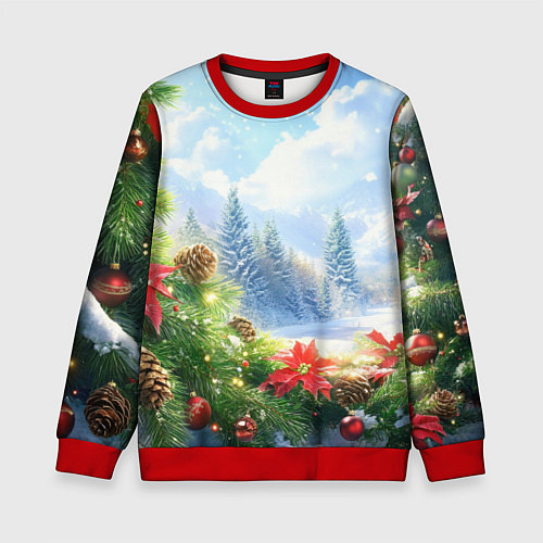 Детский свитшот Новогодний дневной пейзаж / 3D-Красный – фото 1