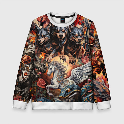 Детский свитшот Мифические существа в стиле татуировки Ирезуми / 3D-Белый – фото 1