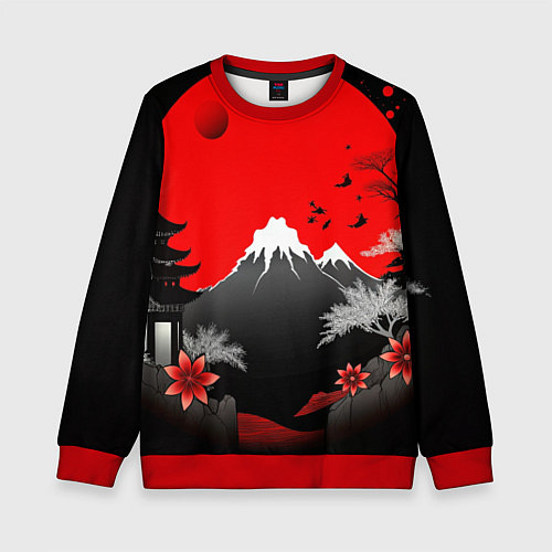 Детский свитшот Японская гора и красная луна / 3D-Красный – фото 1