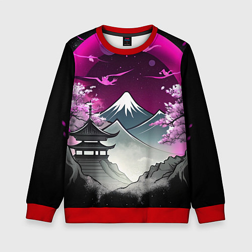 Детский свитшот Горы и сакура в Японии / 3D-Красный – фото 1