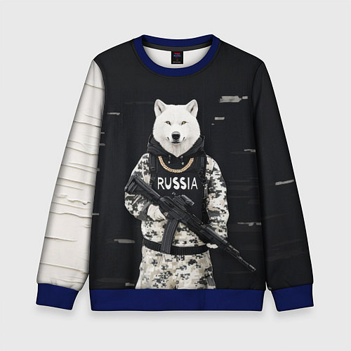 Детский свитшот Волк с автоматом и золотой цепью / 3D-Синий – фото 1