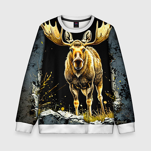 Детский свитшот Лось на черном / 3D-Белый – фото 1