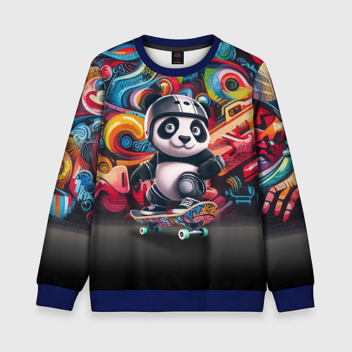 Детский свитшот Панда - крутой скейтбордист на фоне граффити / 3D-Синий – фото 1