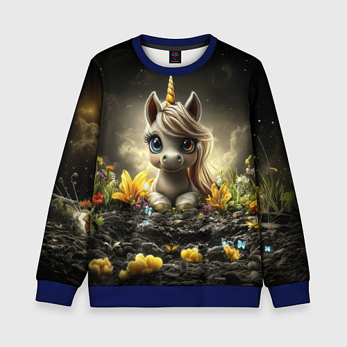 Детский свитшот Белая единорожка на черном фоне / 3D-Синий – фото 1