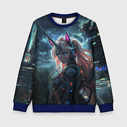 Свитшот детский Девушка - единорог киберпанк, цвет: 3D-синий