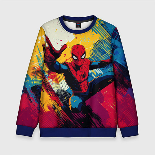 Детский свитшот Человек паук висит на паутине / 3D-Синий – фото 1