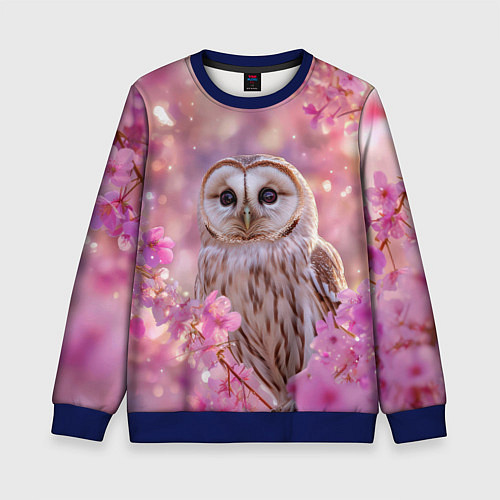 Детский свитшот Белая сова и розовые цветы / 3D-Синий – фото 1