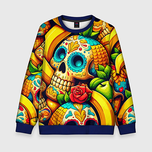 Детский свитшот Colorfull skulls and bananas - pop art pattern / 3D-Синий – фото 1