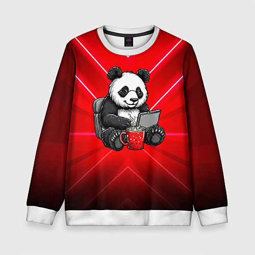 Детский свитшот Панда работает за ноутбуком / 3D-Белый – фото 1