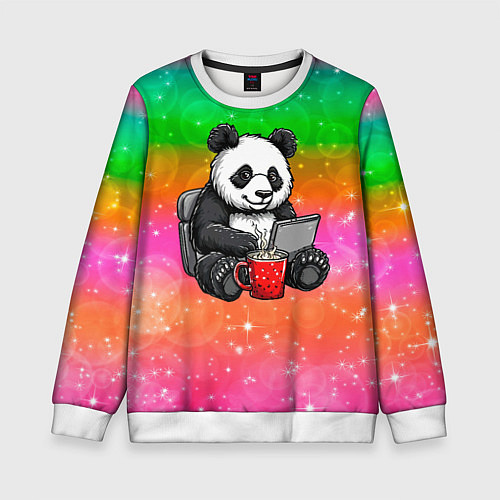 Детский свитшот Панда с кофе за ноутом / 3D-Белый – фото 1
