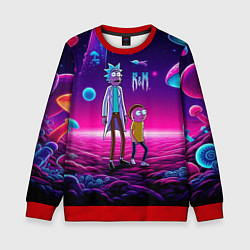Свитшот детский Морти и Рик на планете неоновых сказочных грибов, цвет: 3D-красный