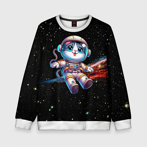Детский свитшот Котёнок космонавт в открытом космосе / 3D-Белый – фото 1