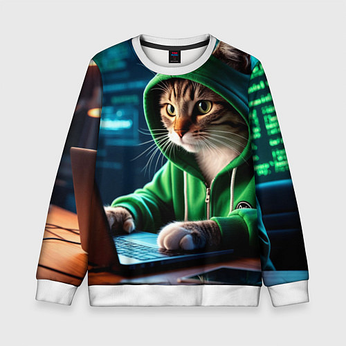 Детский свитшот Котенок хакер за ноутбуком / 3D-Белый – фото 1