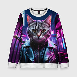 Свитшот детский Кот в кожанке, цвет: 3D-белый