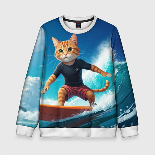 Детский свитшот Кот серфер на волне / 3D-Белый – фото 1