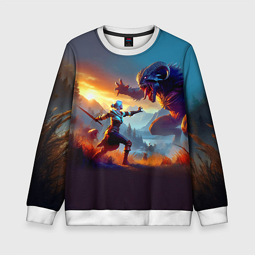 Детский свитшот Битва Цири с монстром - Ведьмак 4 / 3D-Белый – фото 1