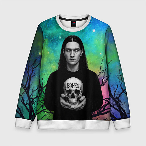 Детский свитшот Bones без зрачков держит череп в руках / 3D-Белый – фото 1