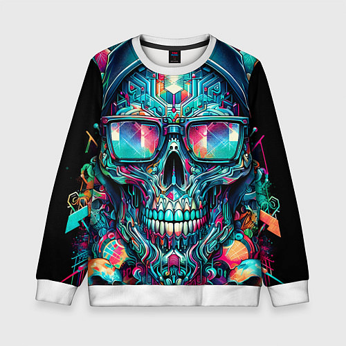 Детский свитшот Кибер череп в балахоне и очках - нейроарт фантазия / 3D-Белый – фото 1