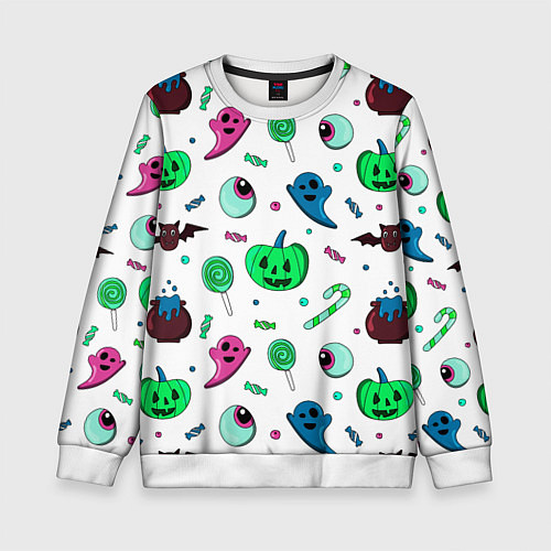 Детский свитшот Halloween light green pumpkin - паттерн / 3D-Белый – фото 1