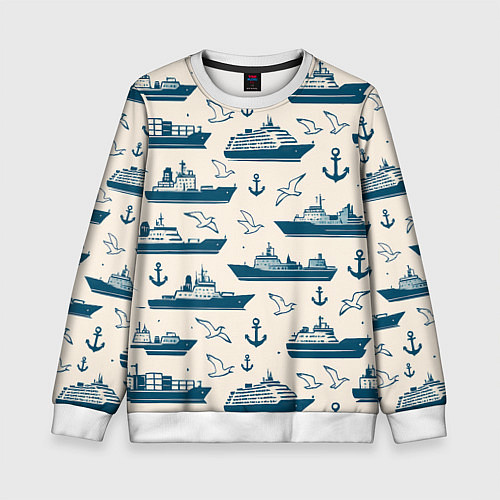 Детский свитшот Морской паттерн из чаек, якорей и кораблей / 3D-Белый – фото 1
