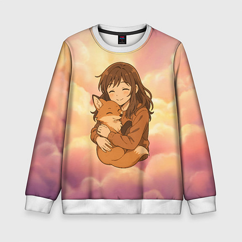 Детский свитшот Девочка обнимает лисичку / 3D-Белый – фото 1