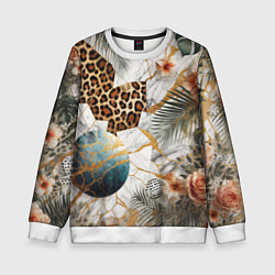 Свитшот детский Мрамор с цветами и леопардовый узор, цвет: 3D-белый