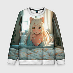 Свитшот детский Аниме девушка в кровати с сердцем, цвет: 3D-белый
