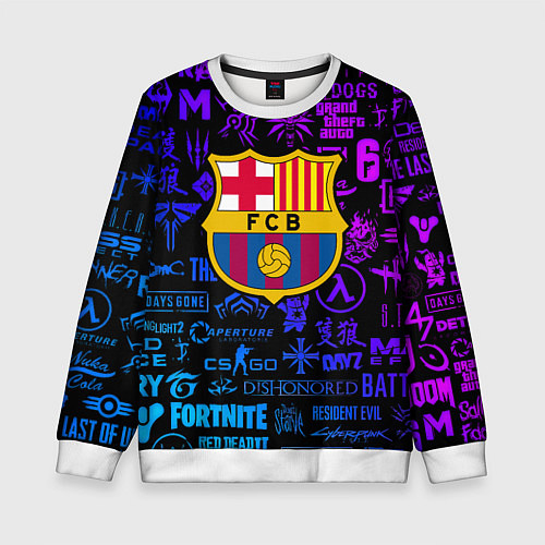 Детский свитшот Барселона неоновые логотипы игр / 3D-Белый – фото 1