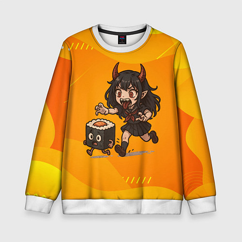 Детский свитшот Девочка дьявол бежит за роллом / 3D-Белый – фото 1