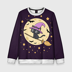 Свитшот детский Хэллоуин, кот на метле, луна, цвет: 3D-белый