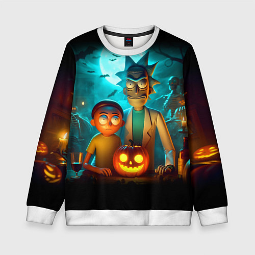 Детский свитшот Morty and Rick with pumpkin - neon halloween / 3D-Белый – фото 1
