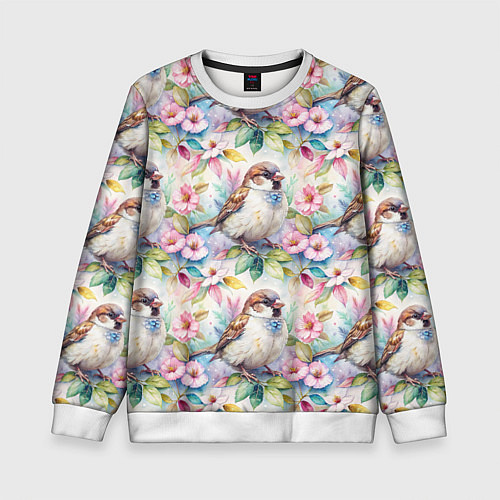 Детский свитшот Воробей в ярких цветах паттерн / 3D-Белый – фото 1