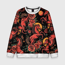 Свитшот детский Красная лошадь с розами, цвет: 3D-белый