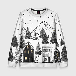 Свитшот детский Заснеженный черно-белый город, цвет: 3D-белый