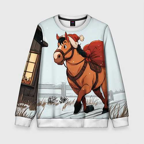 Детский свитшот Лошадка везет новогодние подарки / 3D-Белый – фото 1