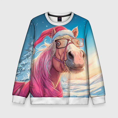 Детский свитшот Новогодняя лошадь в очках / 3D-Белый – фото 1