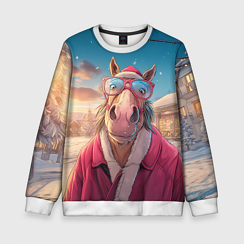 Детский свитшот Удивленная лошадь в очках / 3D-Белый – фото 1