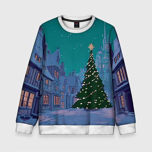 Детский свитшот Зеленая новогодняя елка во вдоре / 3D-Белый – фото 1