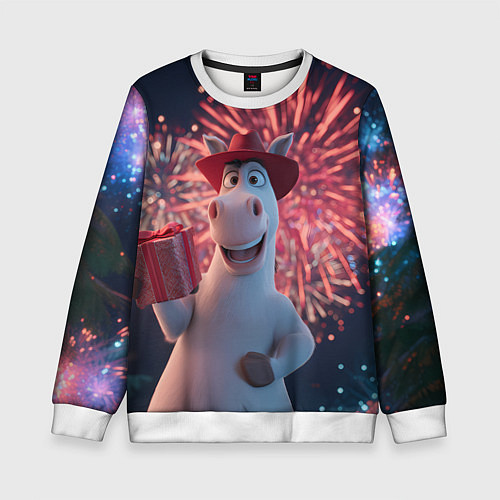 Детский свитшот Лошадь с подарком на фоне салюта / 3D-Белый – фото 1