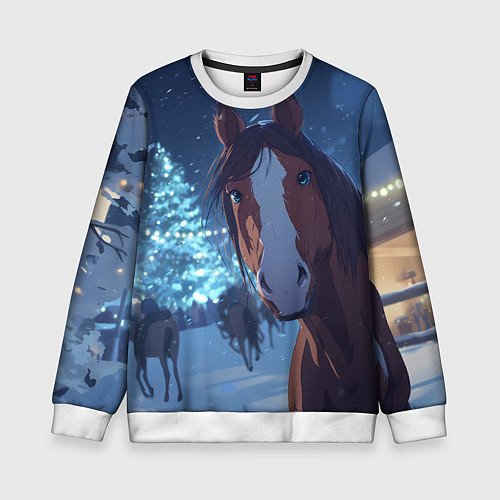 Детский свитшот Лошадь на фоне новогодней елки / 3D-Белый – фото 1