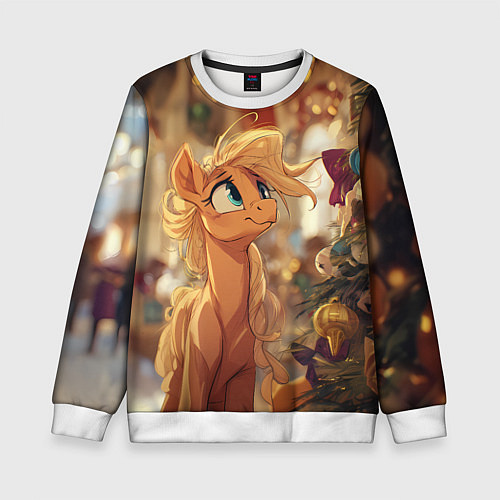 Детский свитшот Милая лошадка любуется елкой / 3D-Белый – фото 1