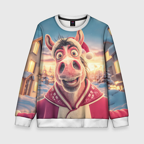 Детский свитшот Счастливая новогодняя лошадь / 3D-Белый – фото 1