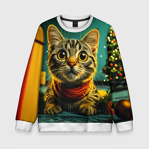 Детский свитшот Удивленный новогодний котик / 3D-Белый – фото 1