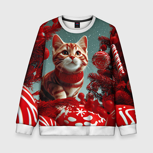 Детский свитшот Рыжий кот - Новый год / 3D-Белый – фото 1