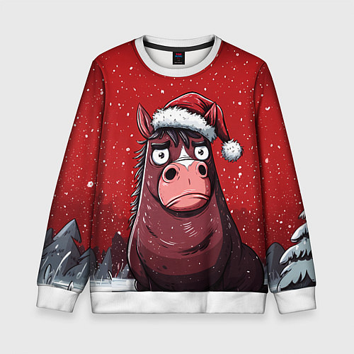 Детский свитшот Конь в новогодней шапке / 3D-Белый – фото 1